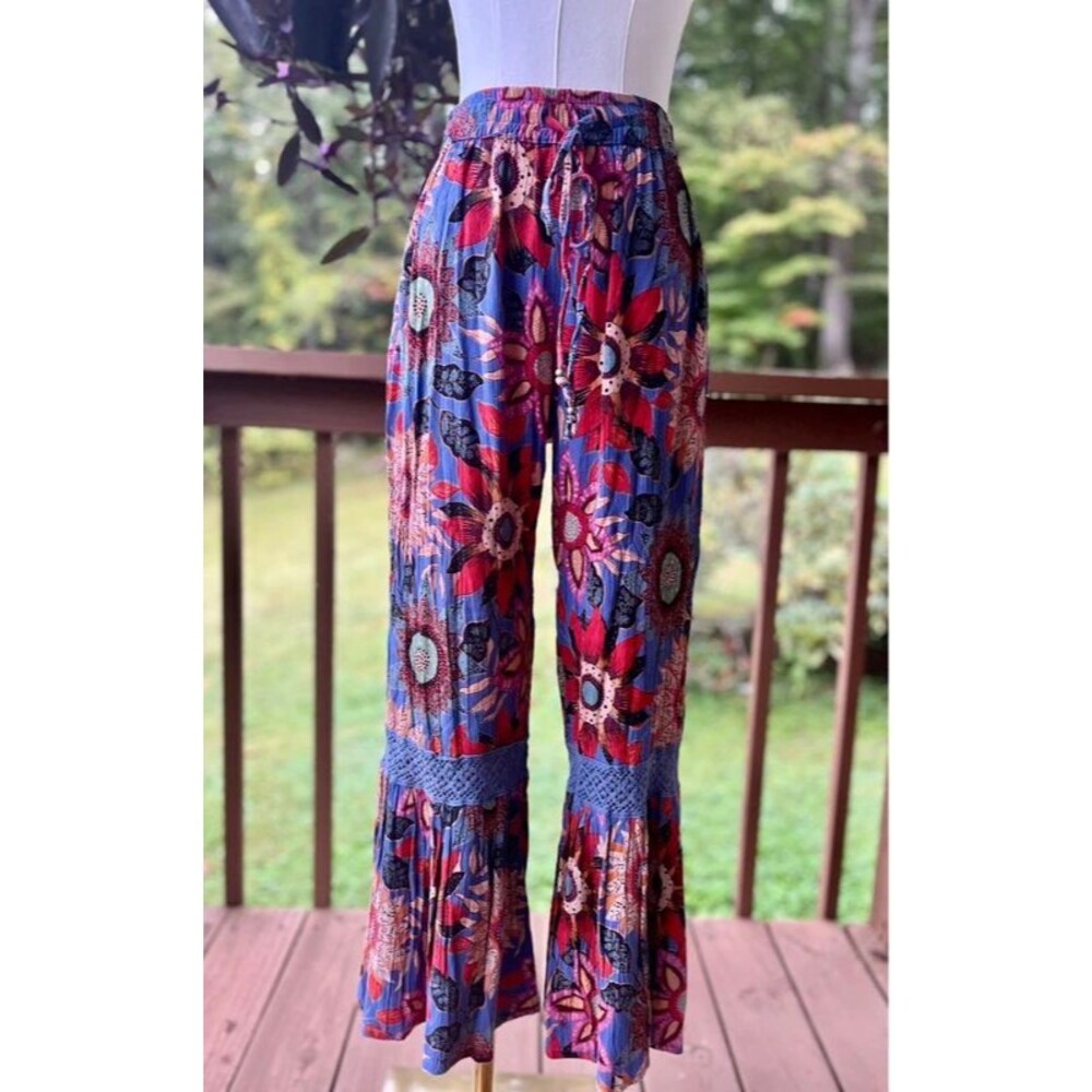 Angie Medium Floral Boho Ruffle Flare Pants with Pockets